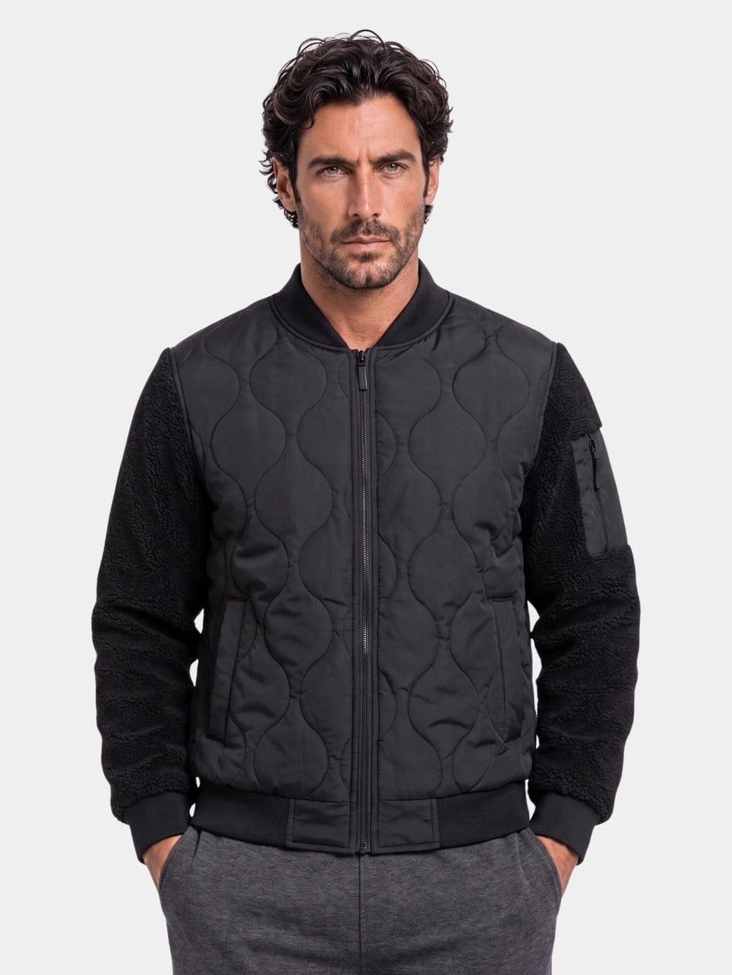 Chaqueta Bomber Acolchada con Mangas de Sherpa - Cross & Crown