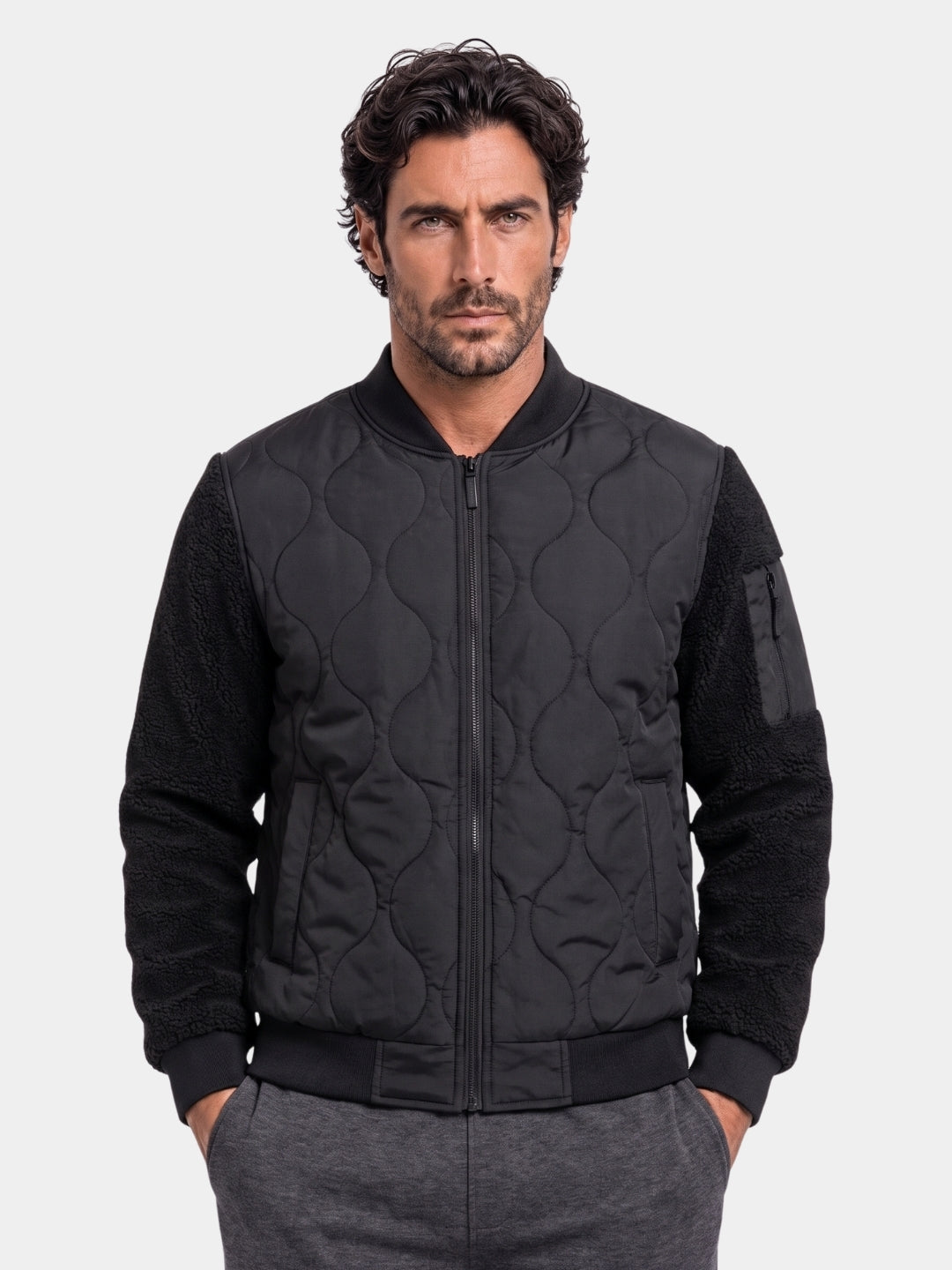 Chaqueta Bomber Acolchada con Mangas de Sherpa - Cross & Crown