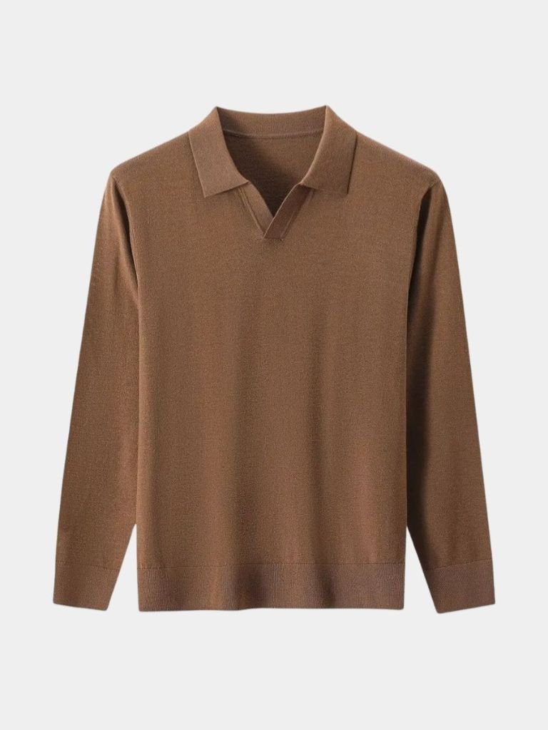 100% Suéter de Polo de Lana Tejida con Cuello en V y Caída - Cross & Crown