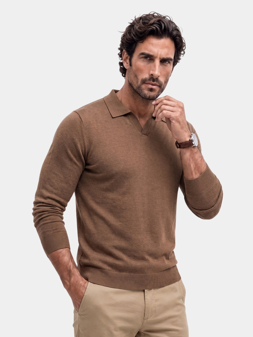 100% Suéter de Polo de Lana Tejida con Cuello en V y Caída - Cross & Crown