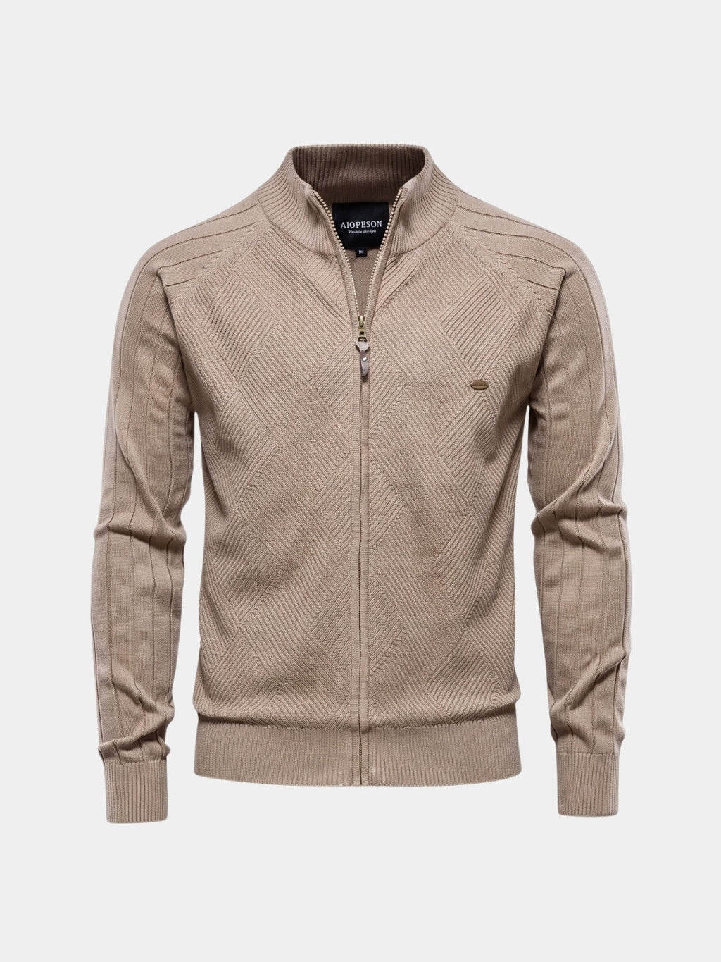 Suéter de Cardigan de Color Sólido con Cremallera Jacquard - Cross & Crown
