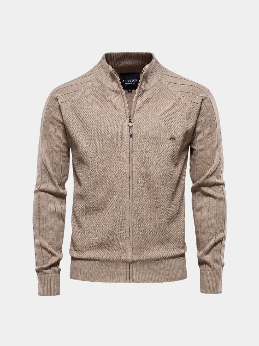 Suéter de Cardigan de Color Sólido con Cremallera Jacquard - Cross & Crown