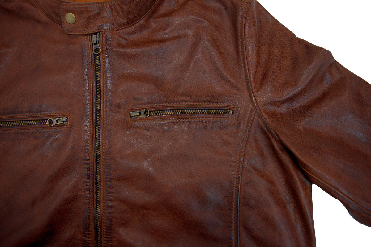 Chaqueta de Cuero Hombre Marrón con Cremalleras