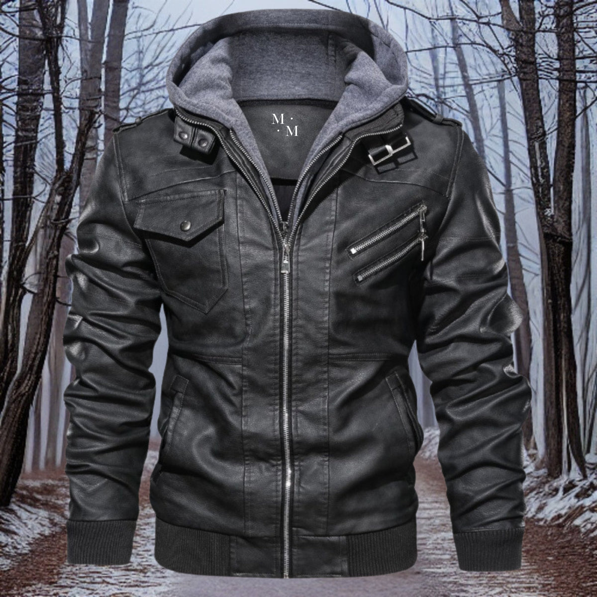 Chaqueta de cuero hombre cálida con capucha