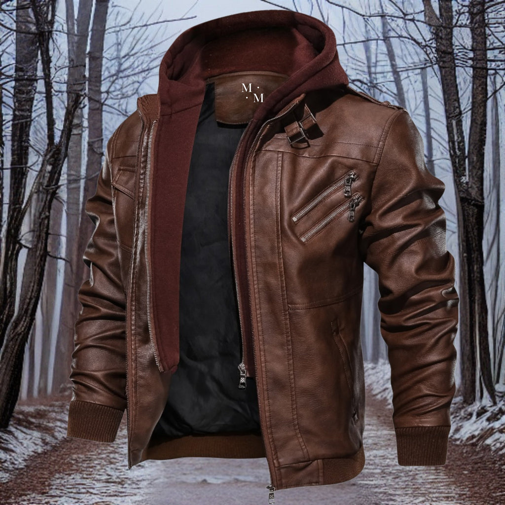 Chaqueta de cuero hombre cálida con capucha