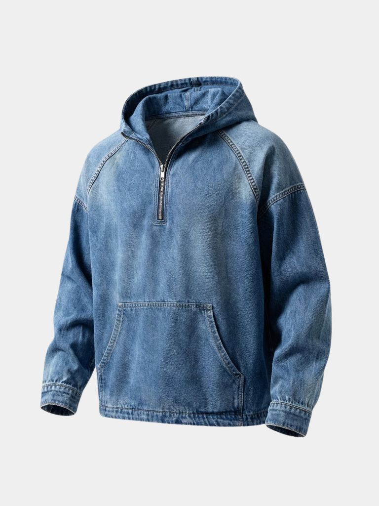 Chaqueta con Capucha de Mezclilla Artisan Denim Smock con Cierre de Cuarto - Cross & Crown