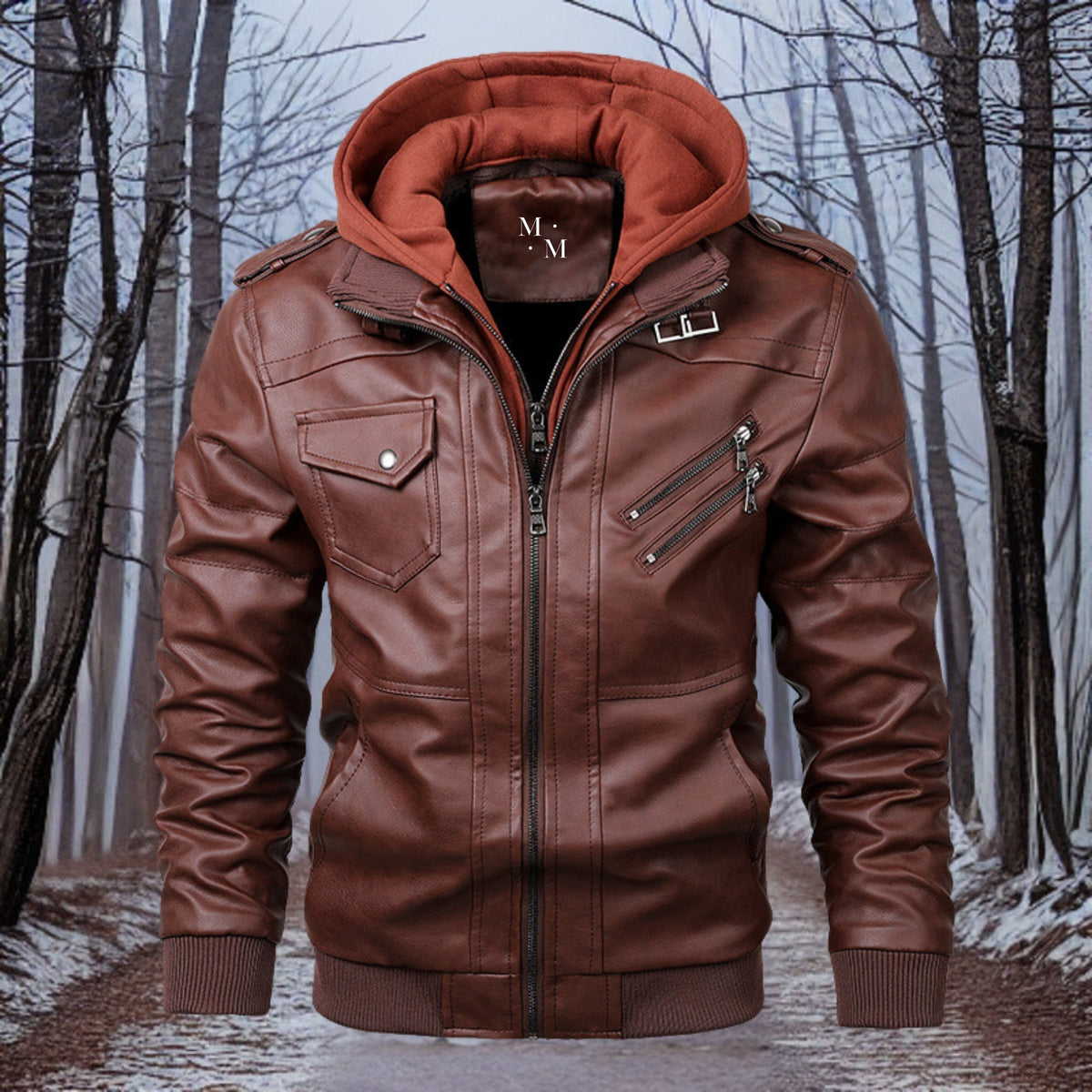 Chaqueta de cuero hombre cálida con capucha