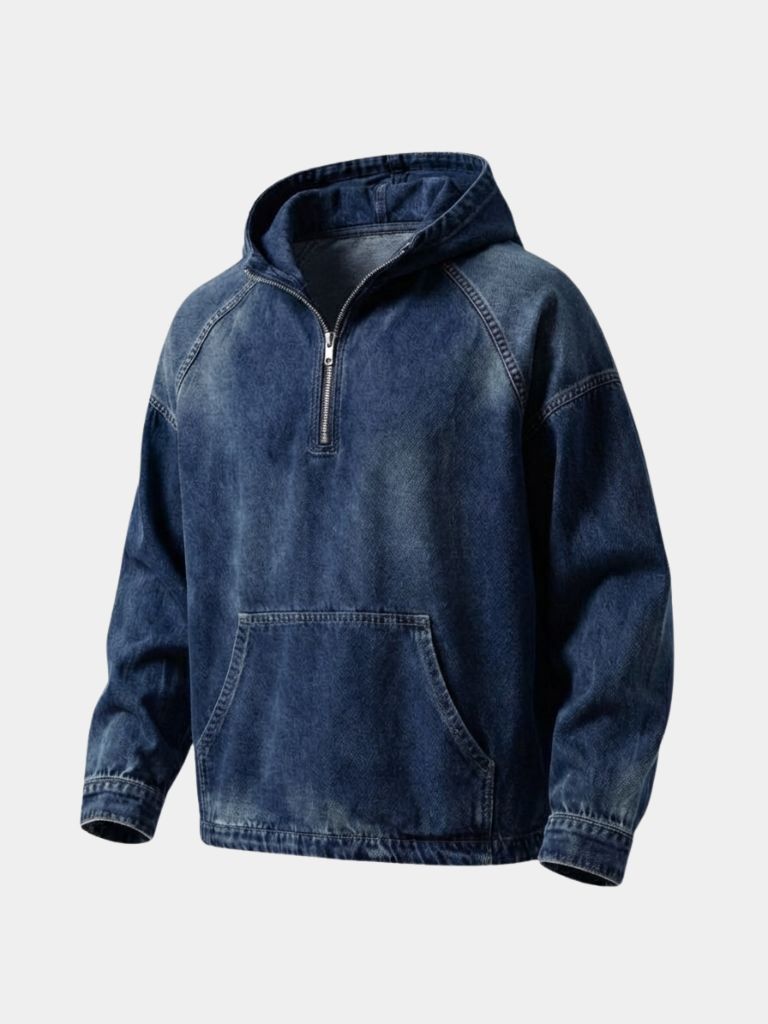 Chaqueta con Capucha de Mezclilla Artisan Denim Smock con Cierre de Cuarto - Cross & Crown