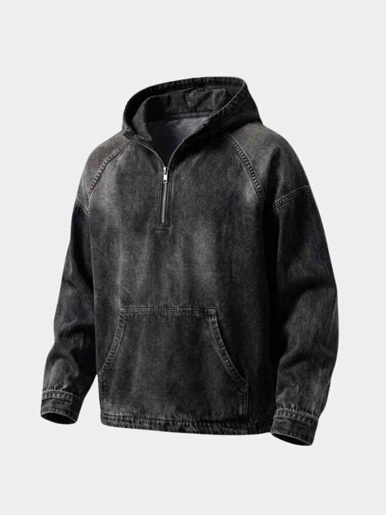 Chaqueta con Capucha de Mezclilla Artisan Denim Smock con Cierre de Cuarto - Cross & Crown