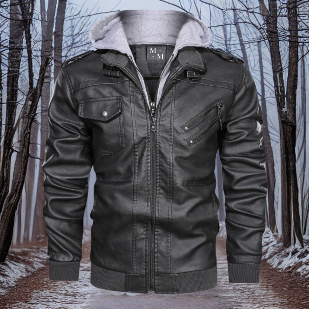 Chaqueta de cuero hombre cálida con capucha