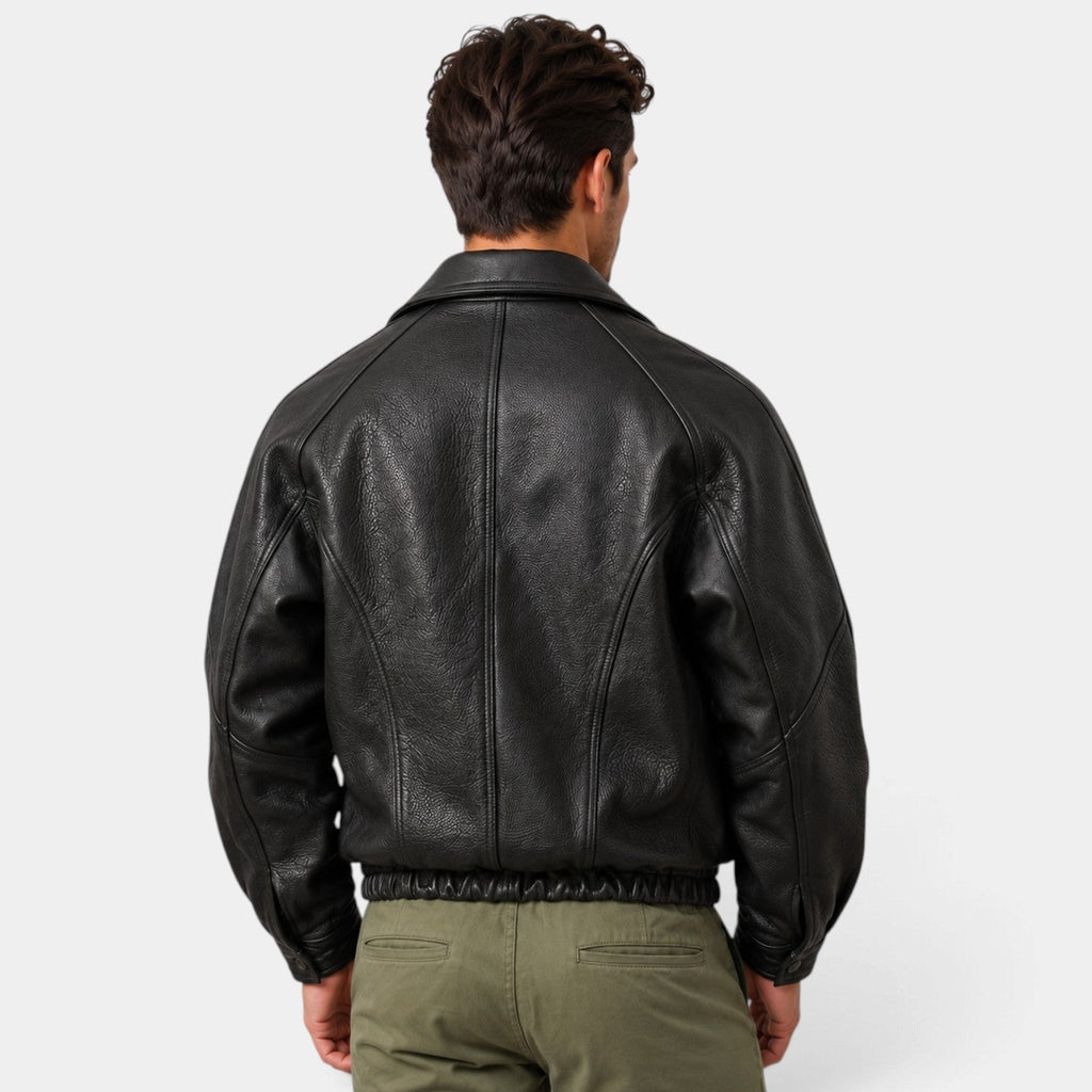 Chaqueta de cuero hombre negra con cremallera y bajo elástico