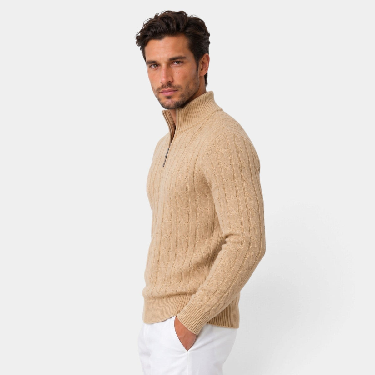 Jersey de Punto Trenzado con Media Cremallera para Hombre