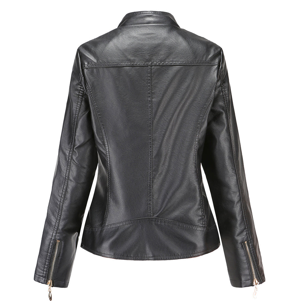 Chaqueta Biker Mujer Cropped en Polipiel con Cuello Alto