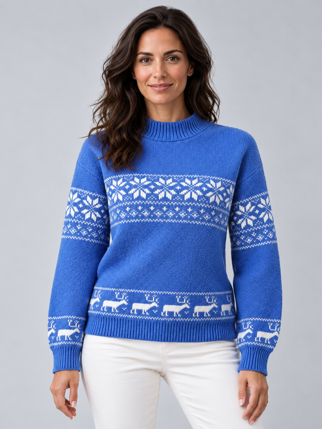 Jersey Navideño Mujer Fair Isle Cuello Mock con Renos en el Bajo