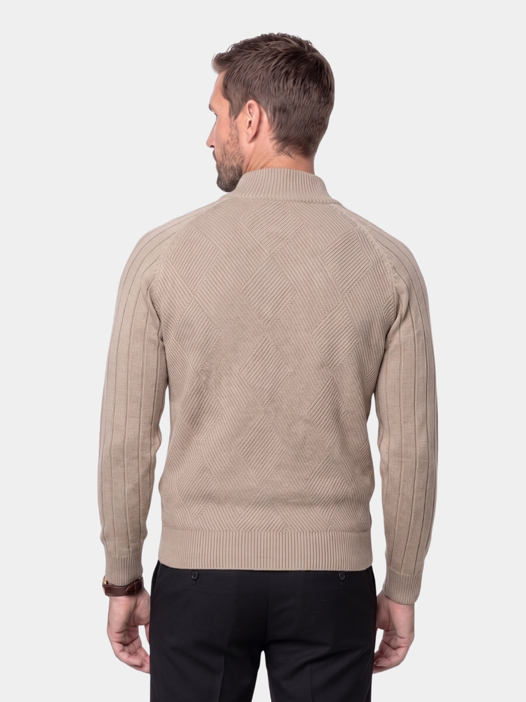 Suéter Cardigan de Color Sólido con Cremallera de Jacquard - Cross & Crown