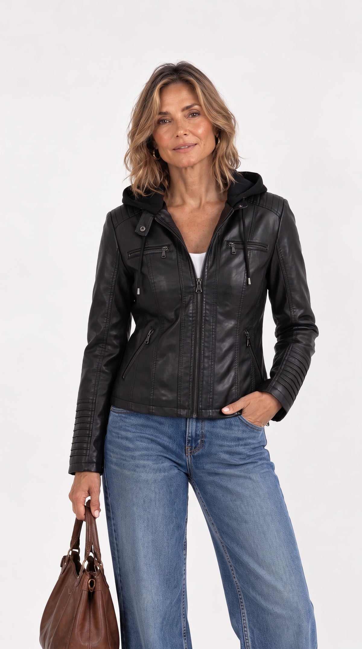 Olivia | Chaqueta biker efecto piel con capucha desmontable y cremalleras