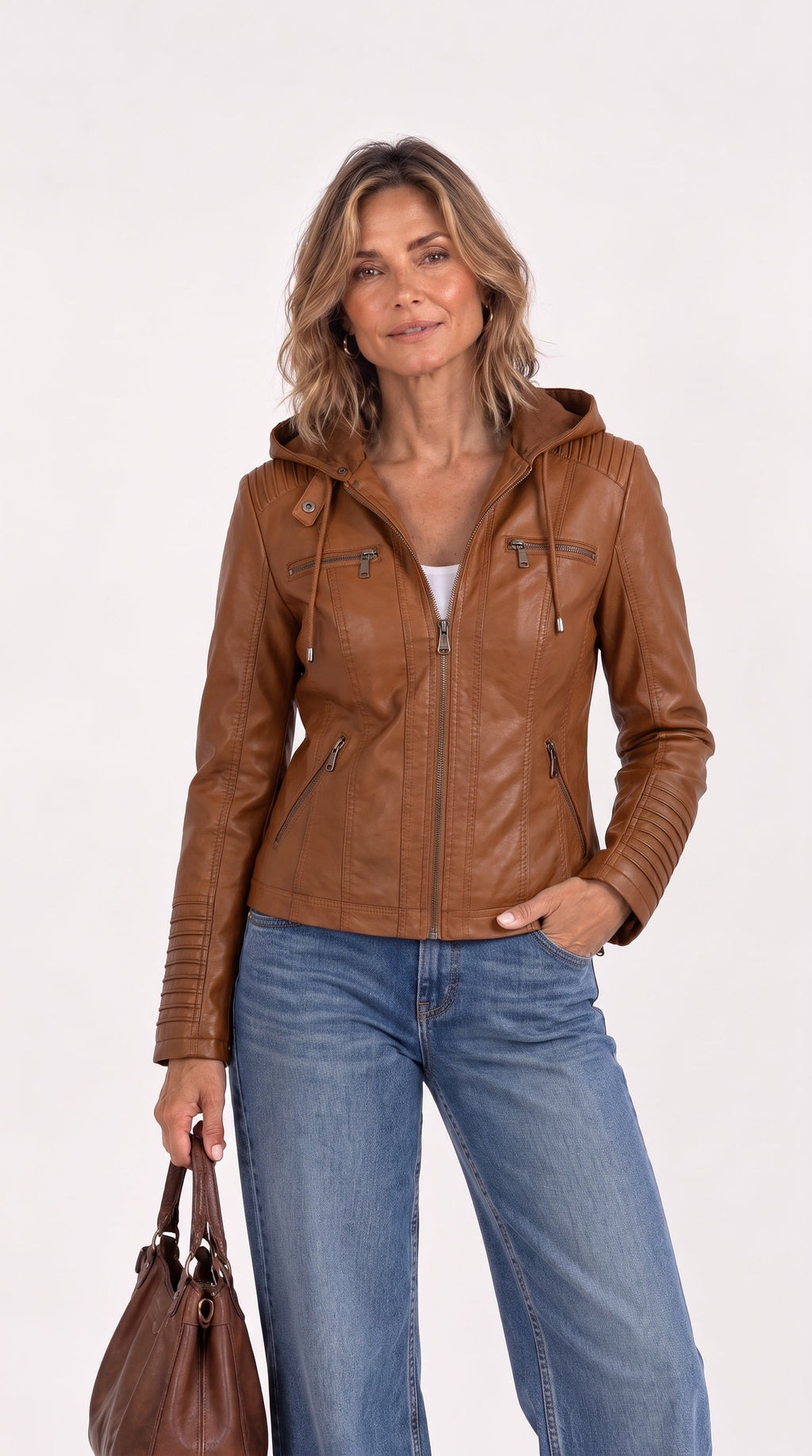 Olivia | Chaqueta biker efecto piel con capucha desmontable y cremalleras