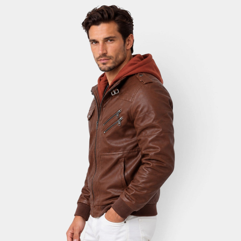 Chaqueta de cuero hombre cálida con capucha