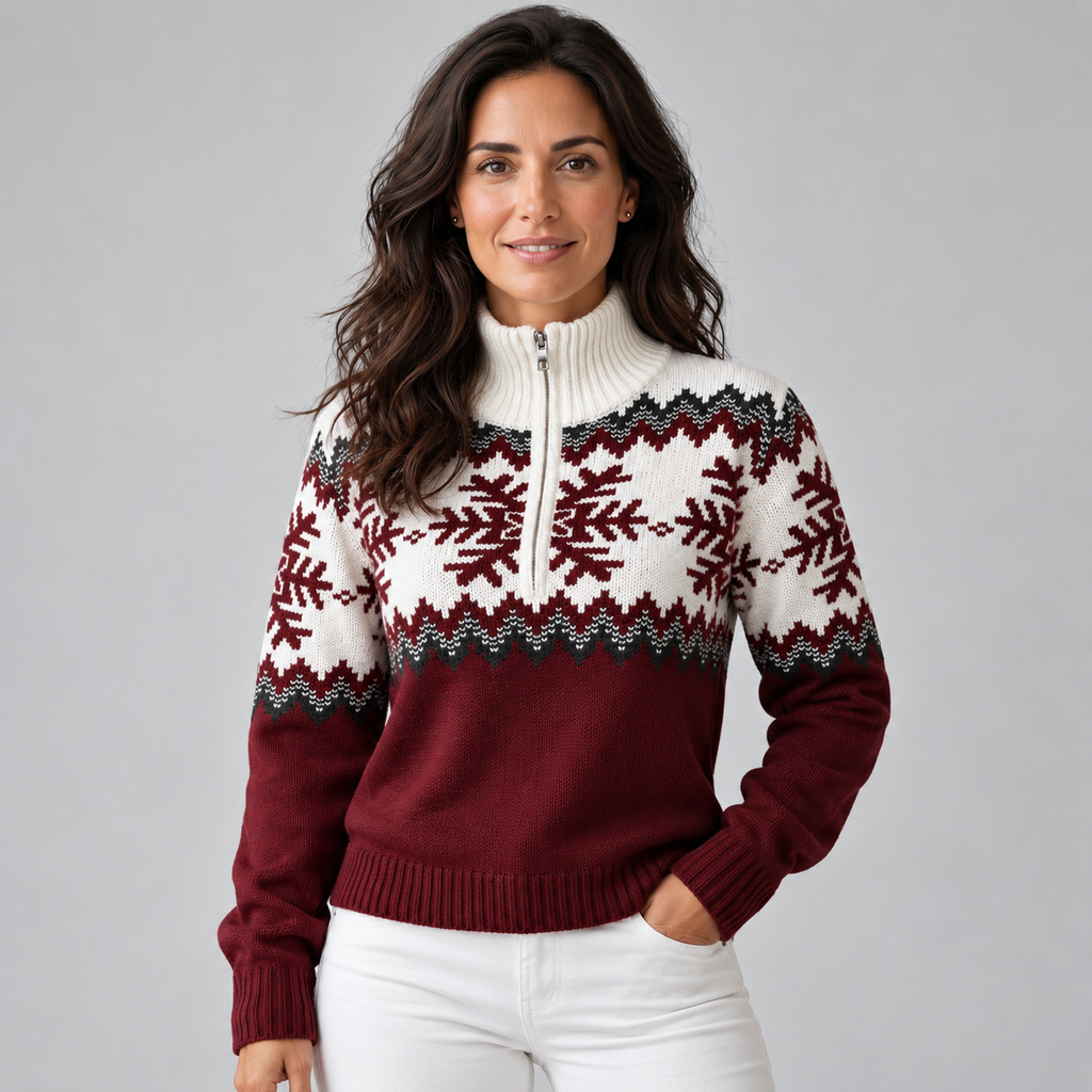 Jersey Fair Isle Mujer Media Cremallera Cuello Embudo Copos de Nieve