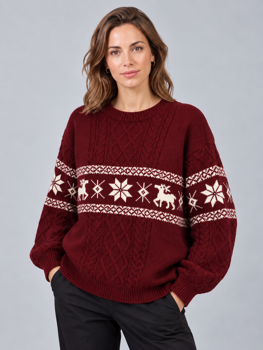 Jersey Navideño Mujer Oversize Trenzas y Renos Tonales