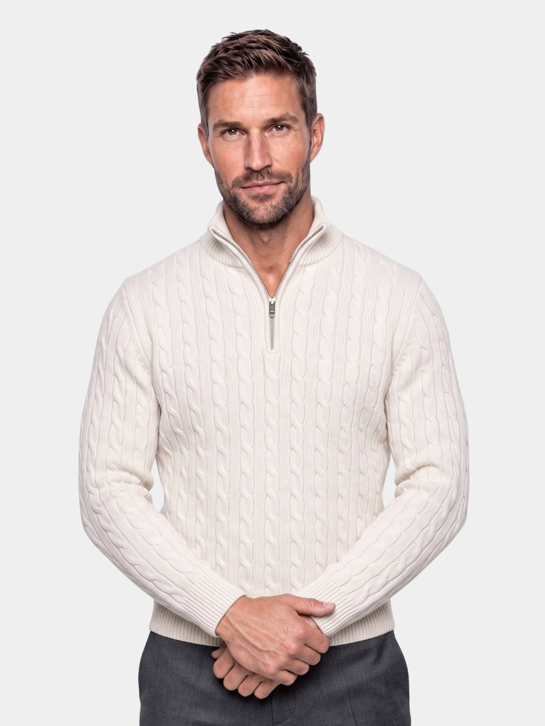 Suéter de Cuello con Cierre de Punto Trenzado Premium - Cross & Crown