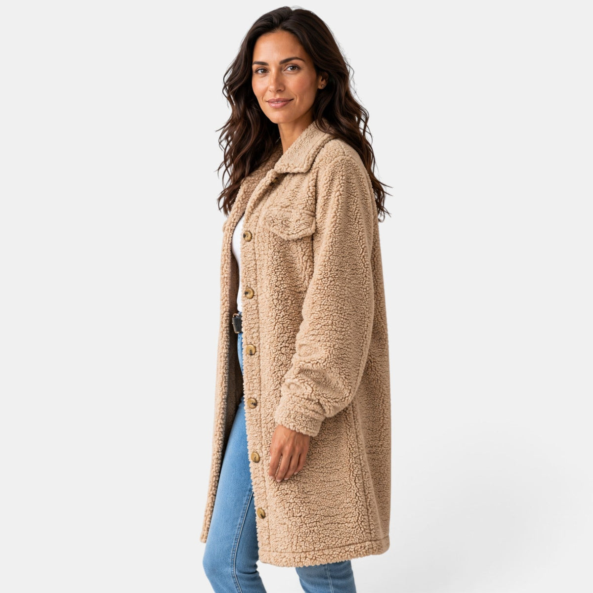 Chaqueta Teddy Mujer Beige Oversize Larga
