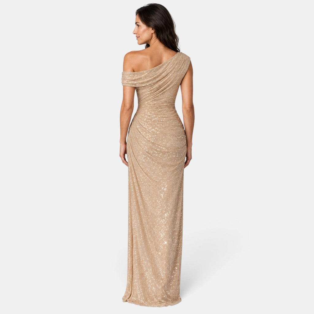 Vestido Largo de Noche Dorado con Lentejuelas y Un Hombro