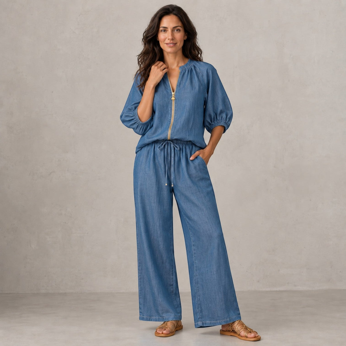 Conjunto Mujer Top con Cremallera y Pantalón Ancho