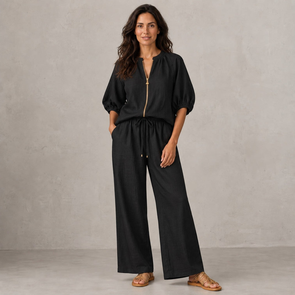 Conjunto Mujer Top con Cremallera y Pantalón Ancho