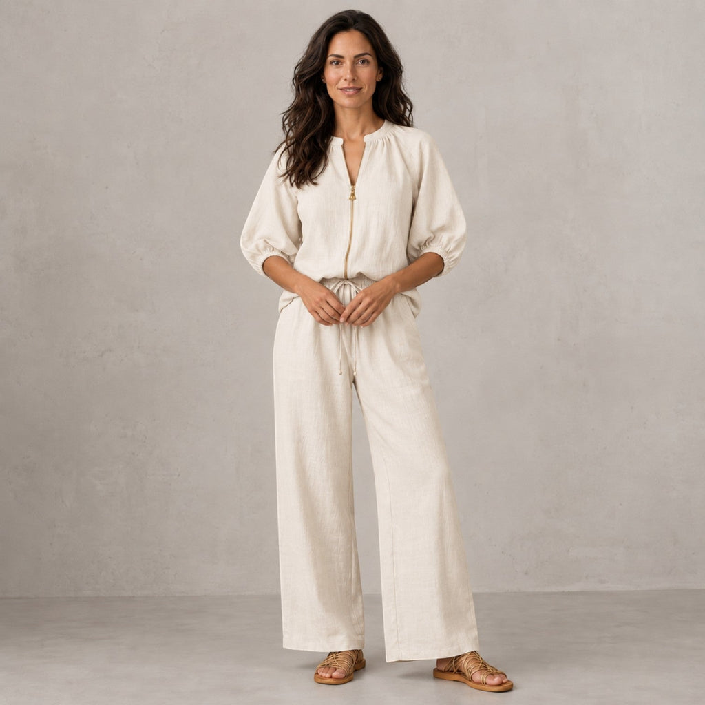 Conjunto Mujer Top con Cremallera y Pantalón Ancho