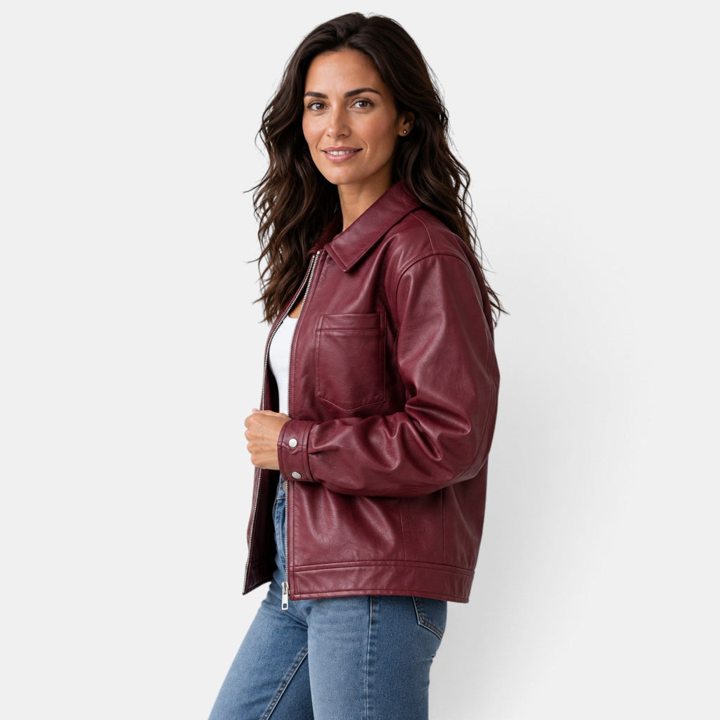 Chaqueta Biker Mujer Roja Efecto Cuero