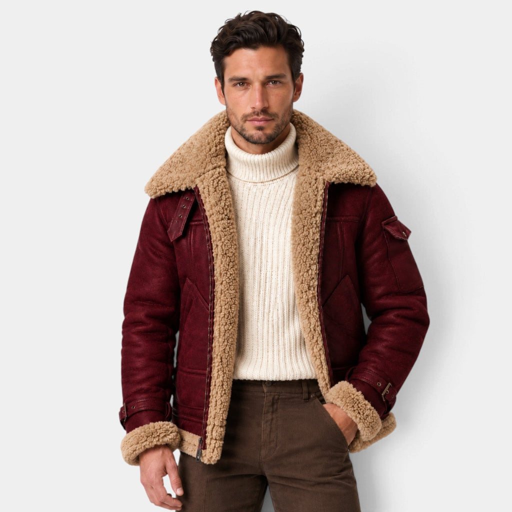 Chaqueta Aviador Hombre Efecto Piel con Cuello de Borrego Sintético