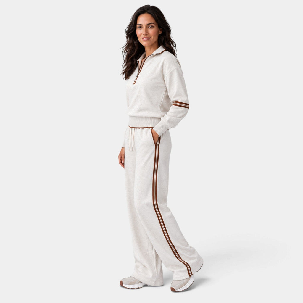 Conjunto Mujer Loungewear con Top Corto de Media Cremallera y Pantalón Ancho