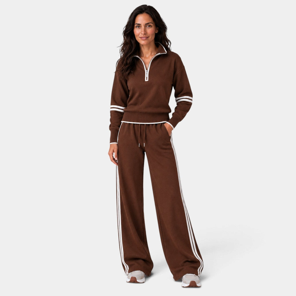 Conjunto Mujer Loungewear con Top Corto de Media Cremallera y Pantalón Ancho