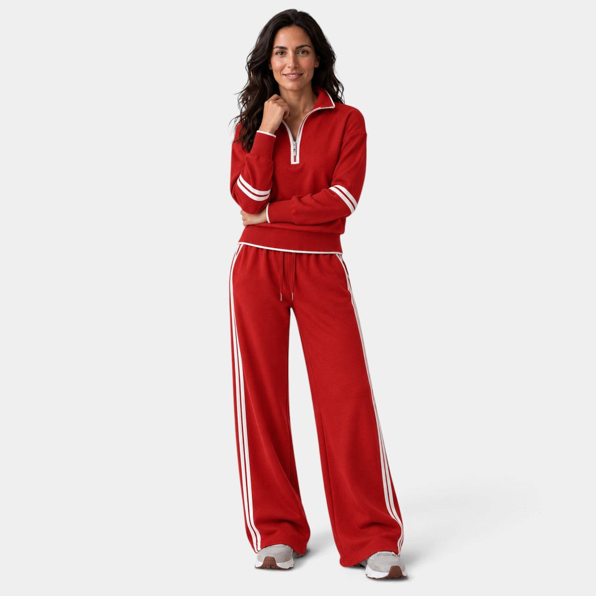 Conjunto Mujer Loungewear con Top Corto de Media Cremallera y Pantalón Ancho