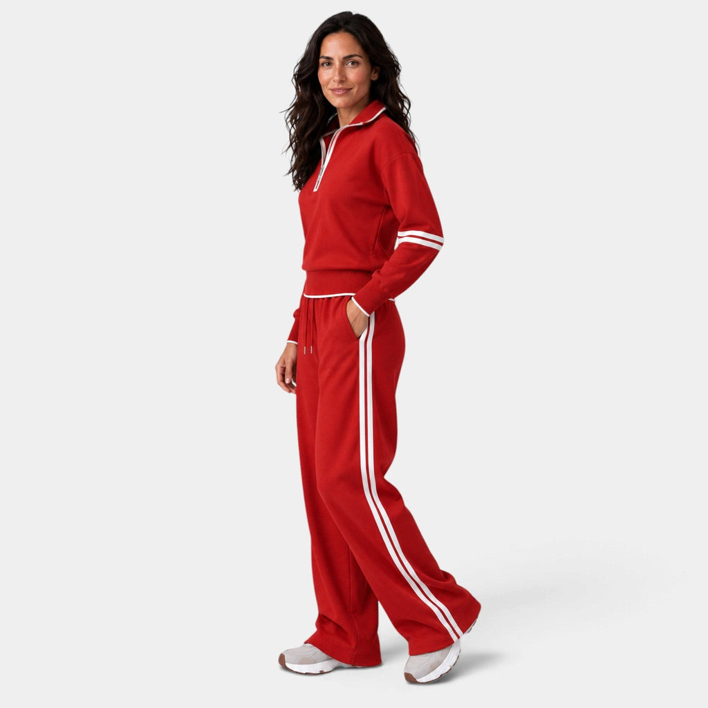 Conjunto Mujer Loungewear con Top Corto de Media Cremallera y Pantalón Ancho