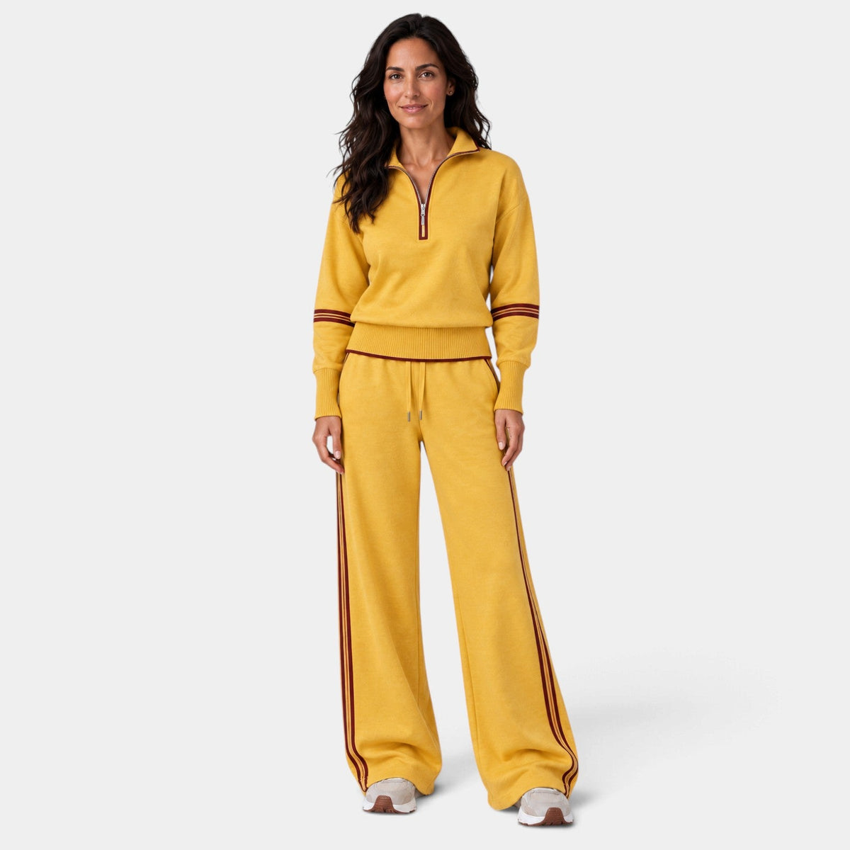 Conjunto Mujer Loungewear con Top Corto de Media Cremallera y Pantalón Ancho