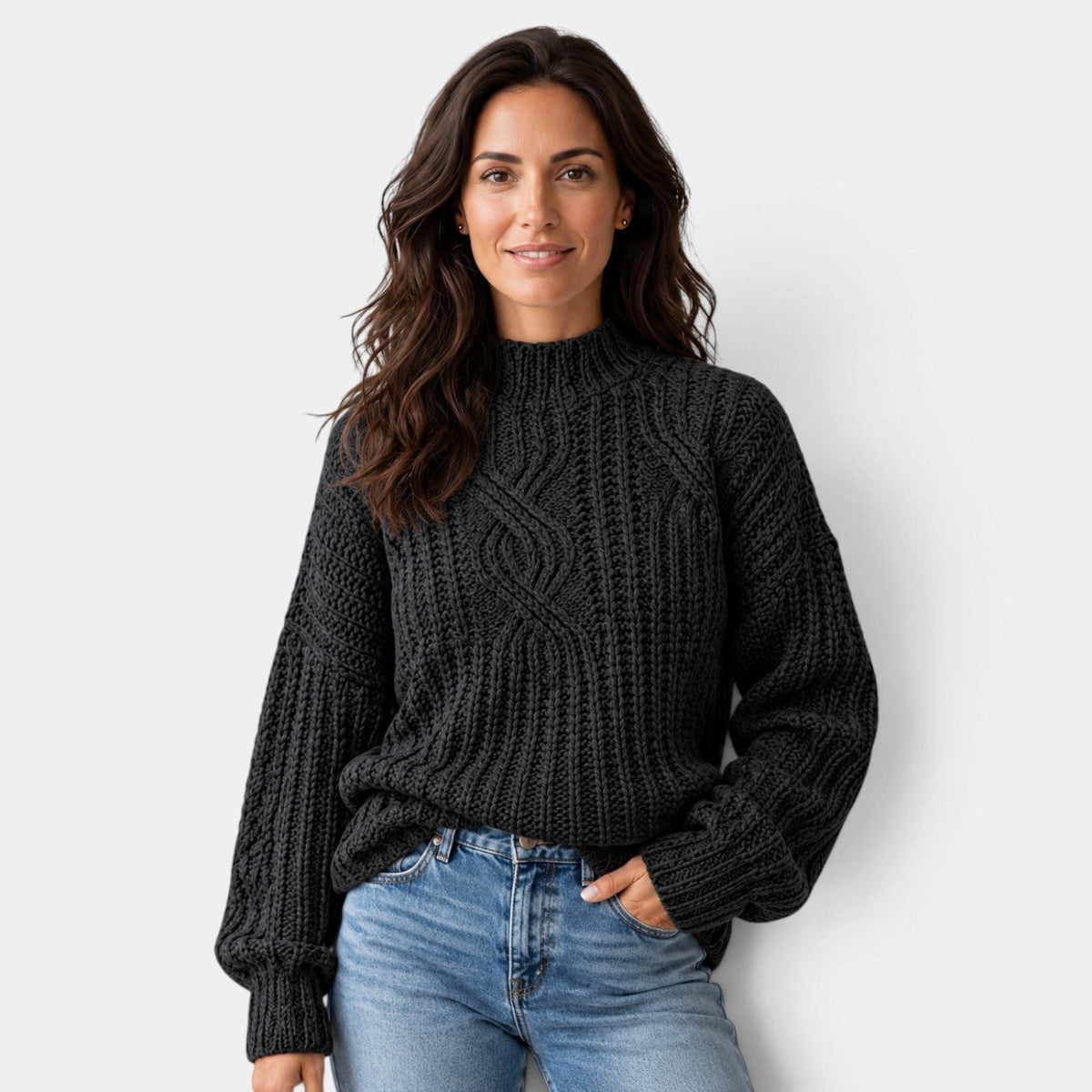 Jersey Mujer Oversize de Punto Trenzado con Cuello Alto y Mangas Globo