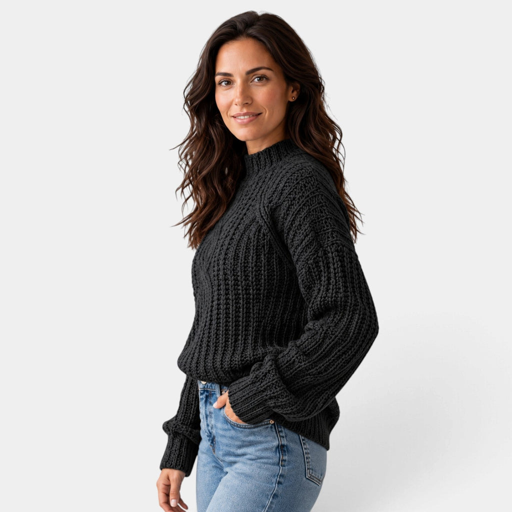 Jersey Mujer Oversize de Punto Trenzado con Cuello Alto y Mangas Globo