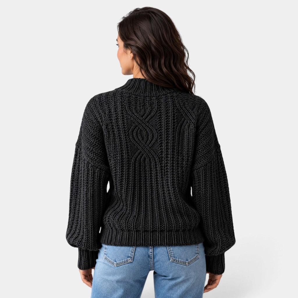 Jersey Mujer Oversize de Punto Trenzado con Cuello Alto y Mangas Globo