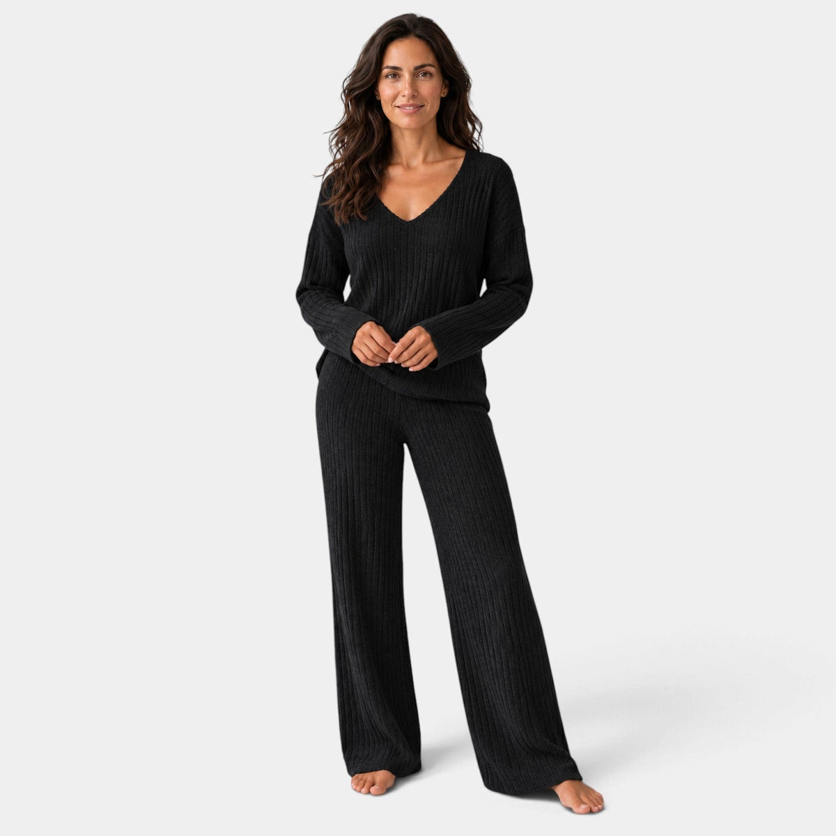 Conjunto Mujer de Punto Canalé con Jersey Cuello Pico y Pantalón Ancho