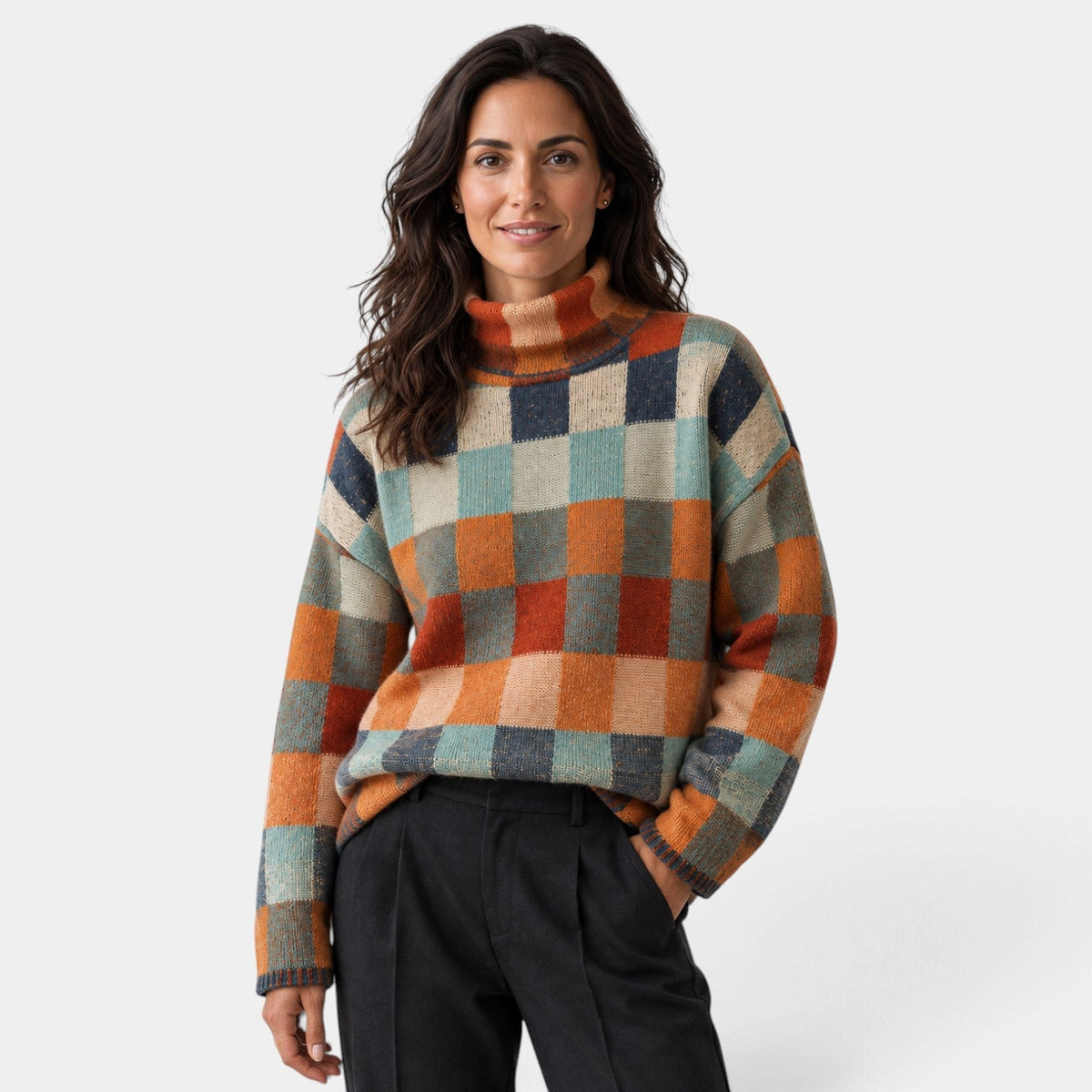 Jersey Mujer Oversize de Cuadros con Cuello Alto