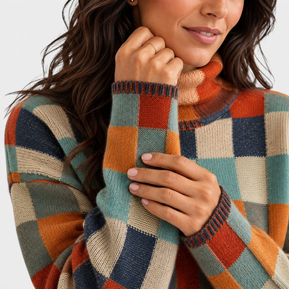 Jersey Mujer Oversize de Cuadros con Cuello Alto