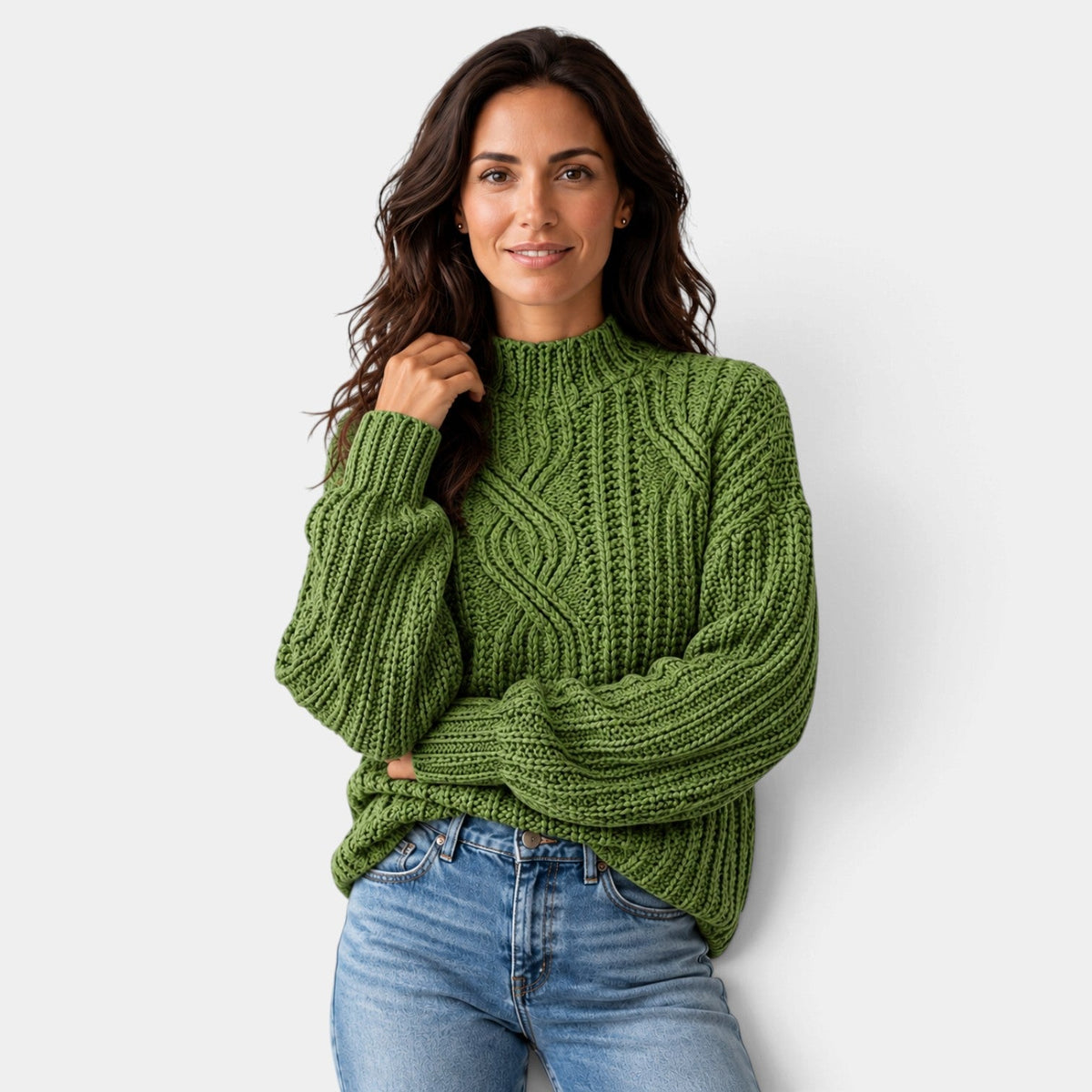 Jersey Mujer Oversize de Punto Trenzado con Cuello Alto y Mangas Globo
