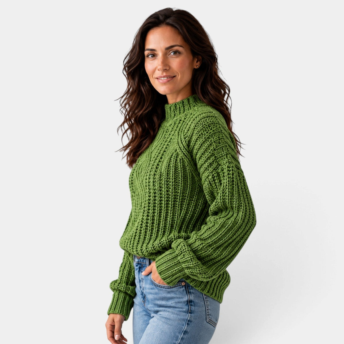Jersey Mujer Oversize de Punto Trenzado con Cuello Alto y Mangas Globo