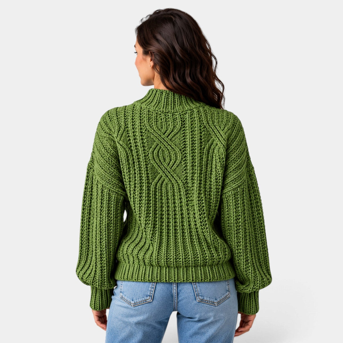 Jersey Mujer Oversize de Punto Trenzado con Cuello Alto y Mangas Globo