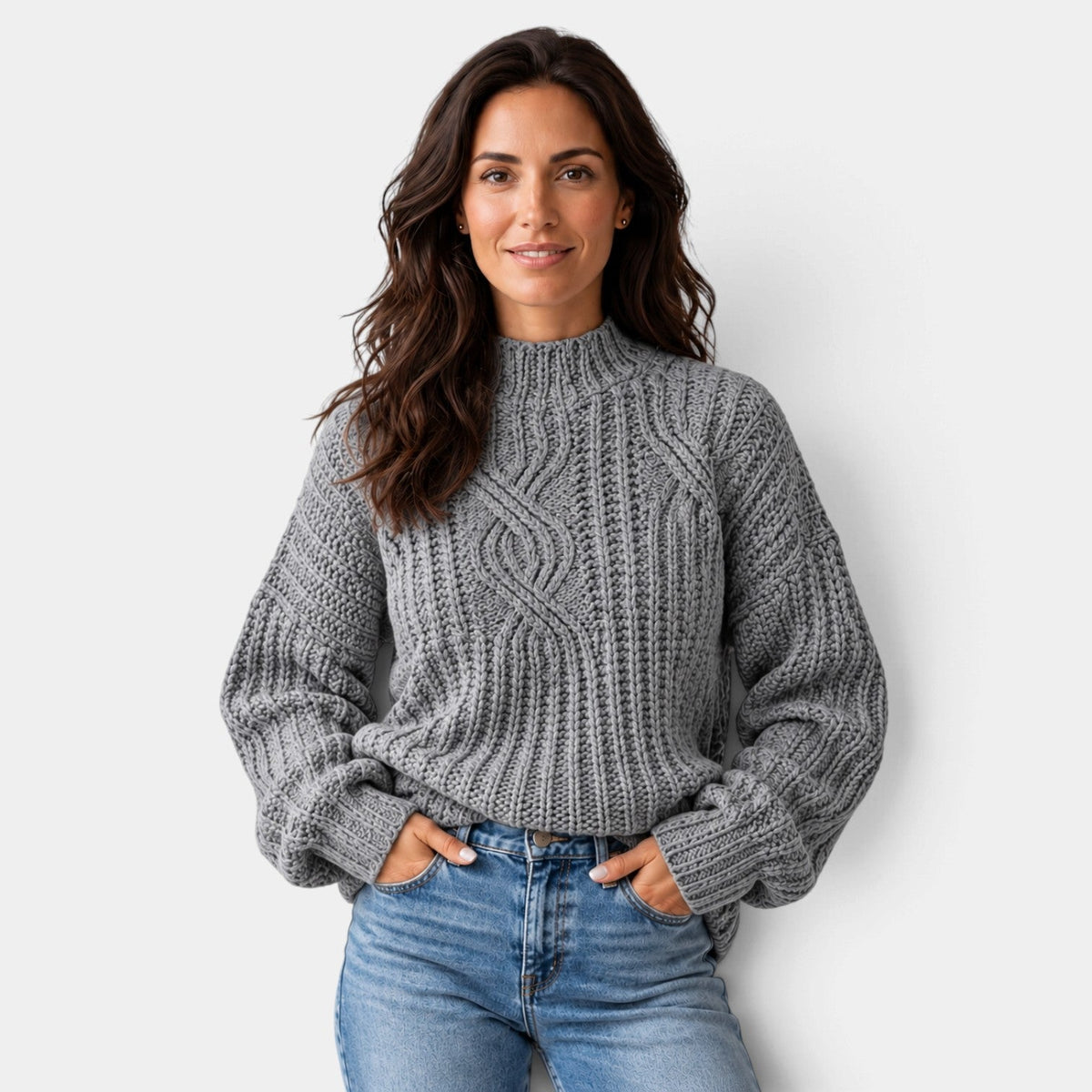Jersey Mujer Oversize de Punto Trenzado con Cuello Alto y Mangas Globo