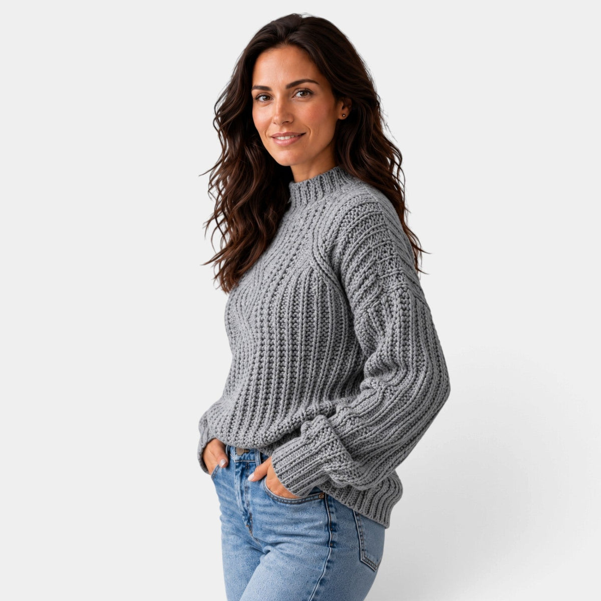 Jersey Mujer Oversize de Punto Trenzado con Cuello Alto y Mangas Globo