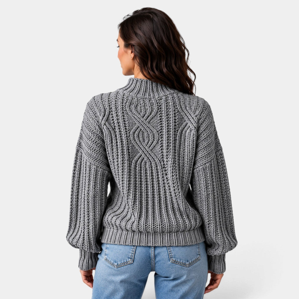 Jersey Mujer Oversize de Punto Trenzado con Cuello Alto y Mangas Globo