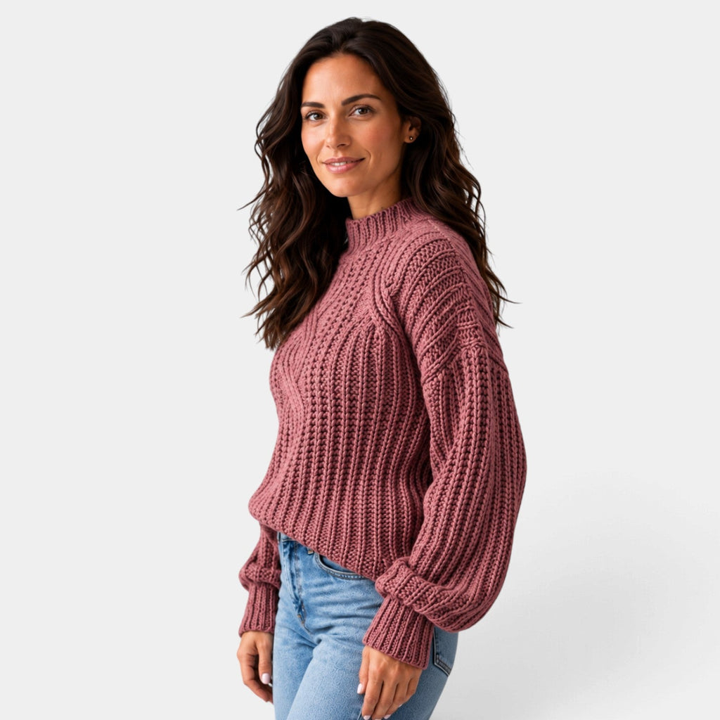 Jersey Mujer Oversize de Punto Trenzado con Cuello Alto y Mangas Globo